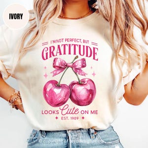 Gratitude Cherry Shirt Cute Pink Bow Fruit Tee Retro Vintage Aesthetic Kawaii Cherries Graphic Positive Vibes Positive Affirmation T-Shirt
