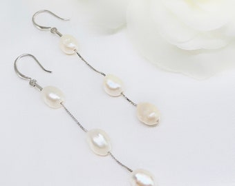 Sterling Silver Freshwater Pearl Drop Earrings: Dainty Bridal Jewelry