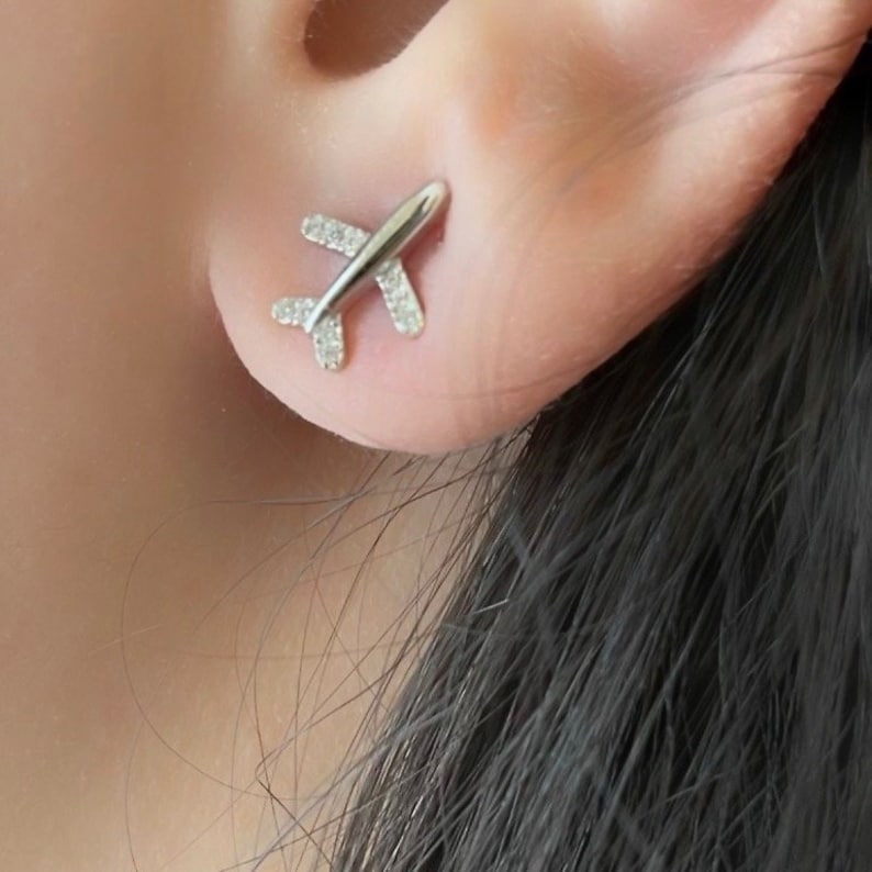 Sterling Silver Airplane Stud Earrings and Bracelet Set,dainty Earrings