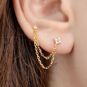 Dainty Double Chain Piercing Earrings, 925 Sterling Silver CZ Flower Stud, Chain Studs for Double Piercing