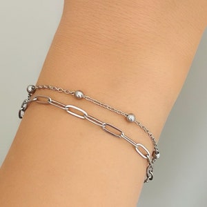 Set of 2 Stainless Steel Layering Bracelets: Paperclip Chain & Bead