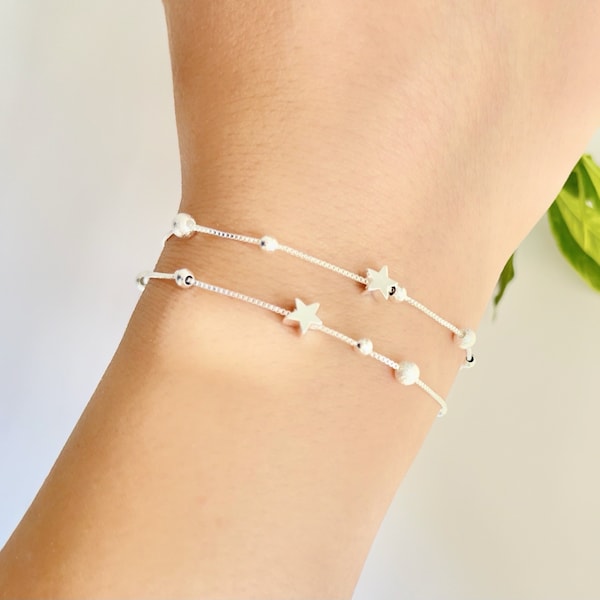 925 Sterling Silver Simple Double Star and Bead Charm Layered  Minimalist Bracelet,Tiny Little Twinkle Stars Adjustable Bracelet,