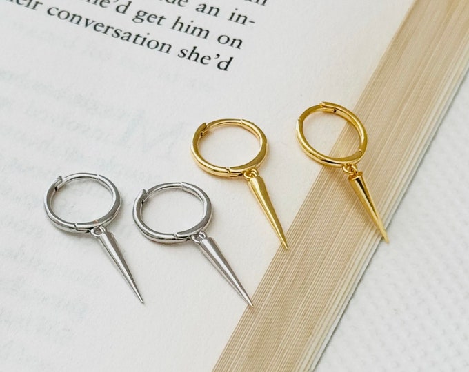 Sterling Silver Spike Huggie Hoop Earrings, Gold Plated Edgy Jewelry