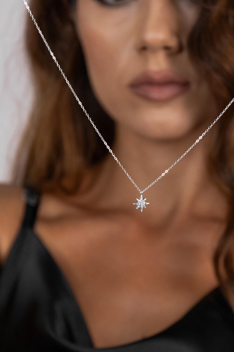 May include: A silver necklace with a starburst pendant. The pendant is made of small, sparkling stones. The necklace is delicate and hangs on a thin chain. The background is blurred, focusing on the necklace.