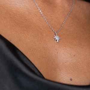 May include: A silver necklace with a starburst pendant. The pendant is encrusted with small, sparkling stones. The necklace is displayed on a person's neck, against a black background.