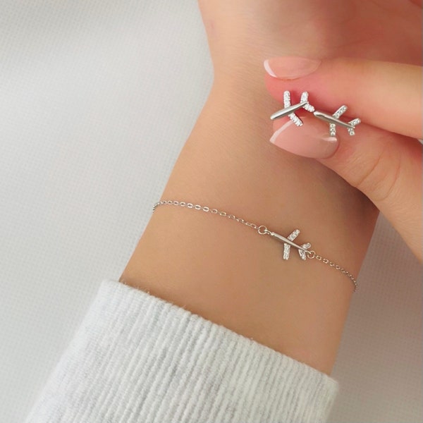 Sterling Silver Airplane Stud Earrings and Bracelet set,Dainty Earrings,Airplane Adjustable Necklace,Traveler jewelry,Flight attendant gift