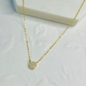 Sterling Silver Pave Round Necklace ,Gold plated Stimulant Pave Circle Disc Necklace,Minimalist Elegant Necklace