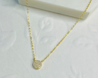 Gold Plated Sterling Silver Pave Necklace: Minimalist Circle Disc