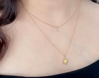 18K Gold Plated Starburst Layered Necklace: Zircon Celestial Jewelry