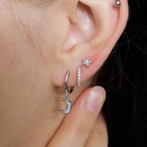 3pcs Sterling Silver Earring set, Moon and Star Earrings Set,Moon Crescent Huggie Hoop Gift Set, Dainty Celestial Earrings