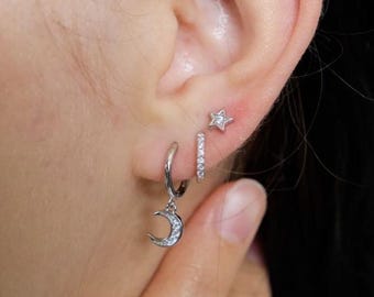 Sterling Silver Moon and Star Earring Set: Celestial Huggie Hoops