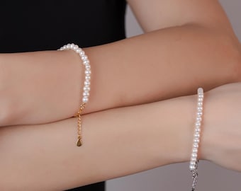 Braccialetto di perle d'acqua dolce: catena a graffetta in argento sterling, lunghezza regolabile