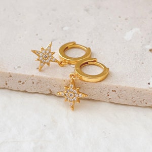Gold Plated Sterling Silver Star Hoop Earrings: Dainty Celestial Jewelry
