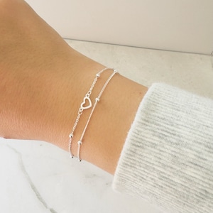 Pulseira de coração de prata esterlina, pulseira de presente fofa e delicada, pulseira de dupla camada, pulseira minimalista ajustável para o dia a dia