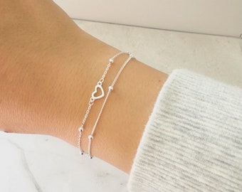 Sterling Silver Heart Bracelet, Cute Dainty Gift Bracelet,Double Layered Stacking Bracelet ,Minimalist Adjustable Everyday Simple Bracelet