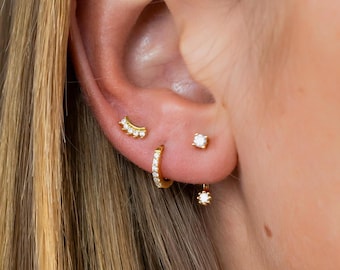 Sterling Silver Earring Set: 18K Gold Plated Studs and Hoops (3pcs)