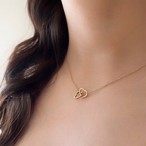 Double Heart Intertwined Necklace in Gold, Linked Love Hearts Necklace, Minimal Layering Heart Necklace,Dainty Necklace,