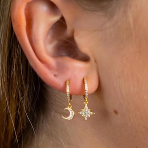 Sterling Silver Moon and Star Huggie Earrings: Gold CZ Celestial Jewelry