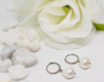 Pearl Drop Hoops Earrings,Pearl Jewelry,Simple Sterling Silver and Gold  Bridesmaids Jewelry