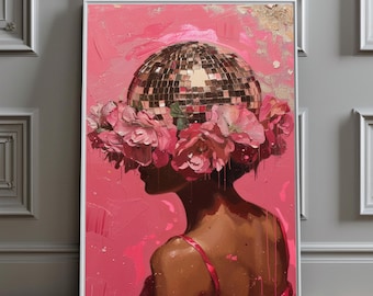 PRINTABLE Wall Art, Silver Disco Ball Maximalist Painting, Mirror Ball Preppy Print,Bright Pastel Pink Girly Poster, Trendy Dopamine Decor,