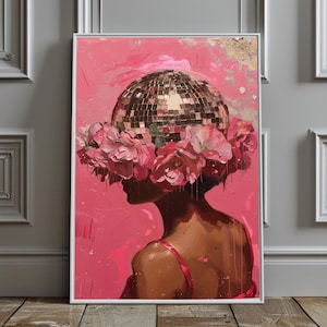 PRINTABLE Wall Art, Silver Disco Ball Maximalist Painting, Mirror Ball Preppy Print,Bright Pastel Pink Girly Poster, Trendy Dopamine Decor,