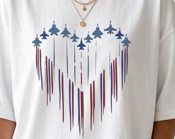 Patriotic Jet Heart Military USA Graphic Tee | 4th of July Red White Blue Veteran Shirt