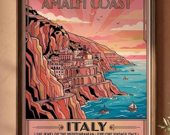 Amalfi Coast Italy Digital Download - Art Deco Travel Poster Print - Vintage Mediterranean Wall Art - Instant Download Art Nouveau Italy