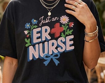 ER Nurse Embroidery STyle Design T-shirt | Emergency Nurse Tee