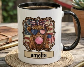 Personalized Highland Cow with American Flag Sunglasses Accent Coffee Mug | 11oz 15oz