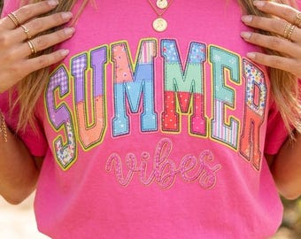 Retro Patchwork Style Summer Vibes T-shirt | Vintage Beach Vacation Graphic Tee