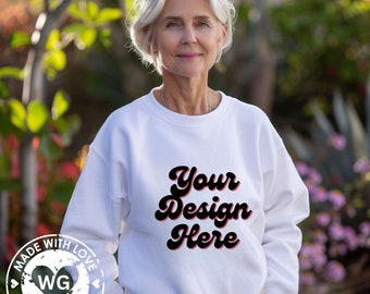 Grandma white Gildan 18000 sweatshirt mock-up older female 18000 model sweater mockup senior women's G180 jumper mockup white jpg download