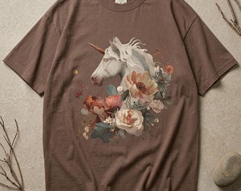 Vintage Mythical Unicorn T-Shirt, Cottagecore Fairycore Tee, Dark Fantasy Creature Gift, Womens Magical Shirt