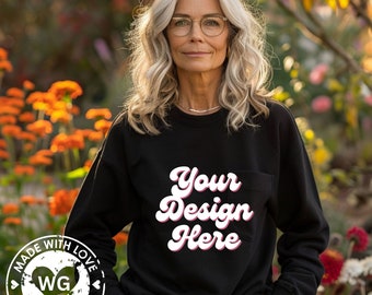 Senior lady Black Sweatshirt Mockup Grandma woman Gildan 18000 sweater Mock up granny Blank Grandma Women's Gildan Sweatshirt JPG Download