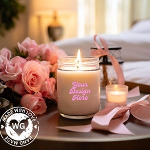 Candle mockup psd, Valentines day jar candle mockup, Scented soy candle mock up, Wedding candle mockup Pink flowers, 9oz smart object mockup