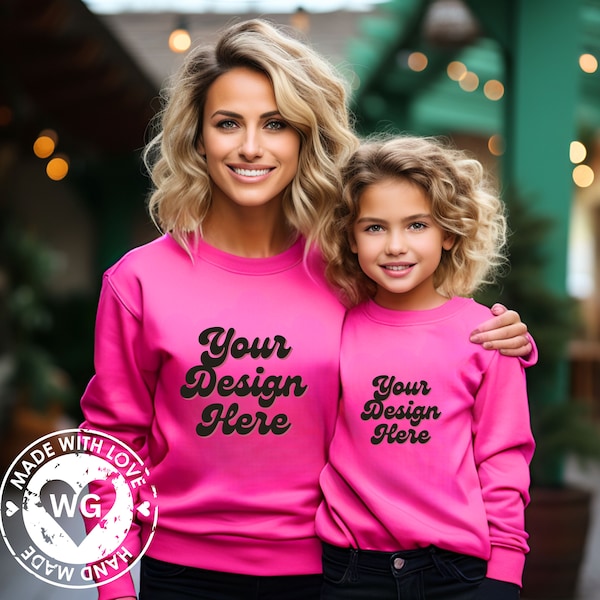 Model Mockup Pink Sweatshirt,Toddler Sweatshirt Mockup Pink, Matching Outfits Mockup, Mommy and Me Mockup, Youth, Family Sweater Mockup