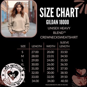 Gildan 18000Unisex Heavy Blend Crewneck Sweatshirt Size Chart Mock-up, Women Men Sweatshirt Sizing, Sweatshirt Measurement Guide, S-5XL,