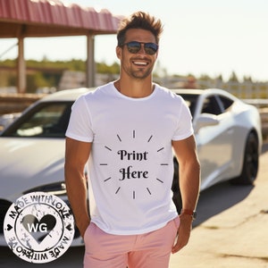 White Bella Canvas 3001 t shirt Mockup White Tshirt Mockup Male Men Model Model 3001, Mockup 3001 Summer Mock male photography Car Racer