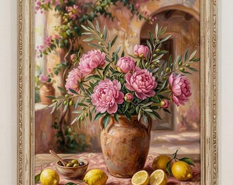 Pink Peony Art Print, Mediterranean Still Life Wall Art, Digital Download, Olive Branch & Lemon Decor, Cottagecore Aesthetic, Rustic Italian