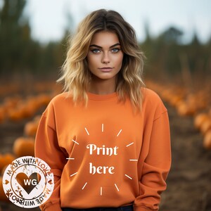 Gildan 18000 Orange Mockup, Female Gildan Sweater Mockup, Sweatshirt Woman Model Mockup, Autumn Mocks 18000, Fall Sweatshirt Mockup 18000