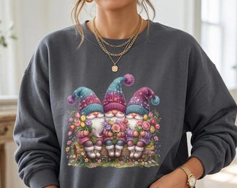 Floral Garden Gnome Spring Flower Gnome Sweatshirt | Gray