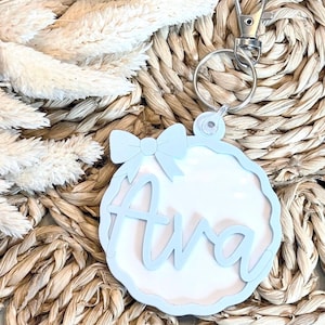 Personalized Scalloped Name Tag, Acrylic Bow Keychain, Custom Bag Tag for Backpacks, Stockings, Gifts, Cheer Team Bag Tag, Dance Team Tag