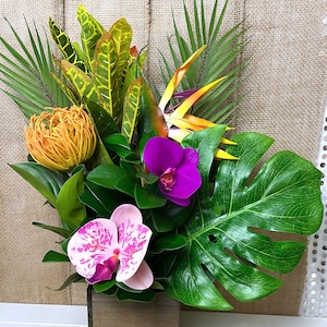 Artificial tropical arrangement, tropical centerpieces, island centerpiece, fake flower arrangement for home, Bridal shower centerpiece