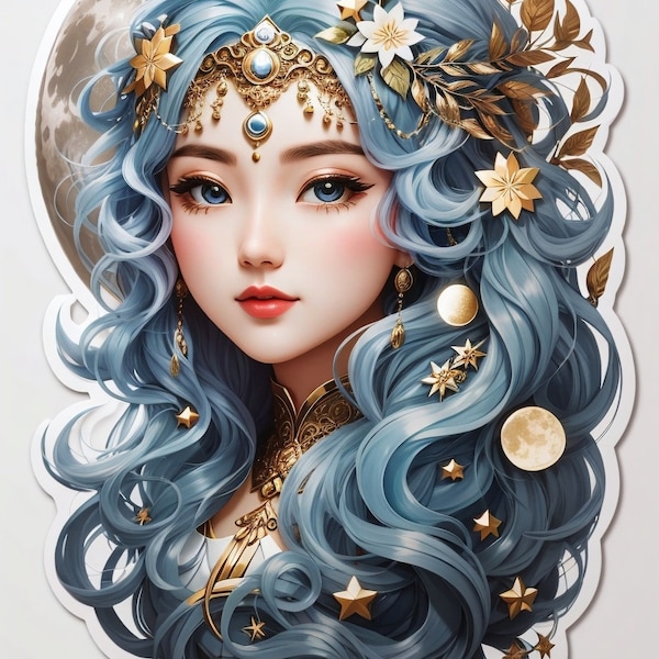 Artistic Collection -Stickers,T-Shirt Prints,and Wall Decors-Woman with Blue Hair and Floral Adornments|Multiple Sizes,Instant PDF Downloads