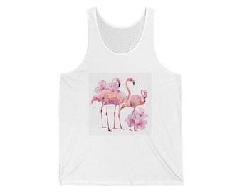 Camiseta sin mangas con estampado de tres flamencos rosas / Estampado floral acuarela para la playa (verano)