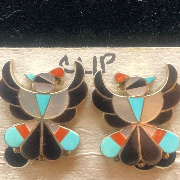 Vintage Native American Zuni Thunderbird Inlay Clip Earrings Signed B. Wallace