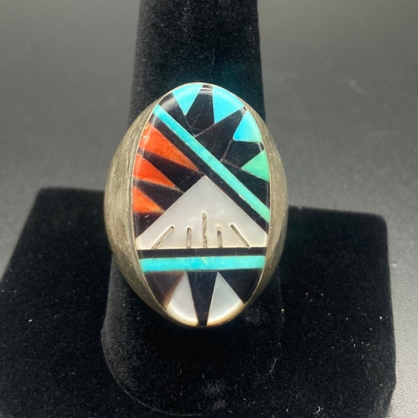 Native American Zuni MOP Turquoise Coral Inlaid Men's Ring - Vintage Signed