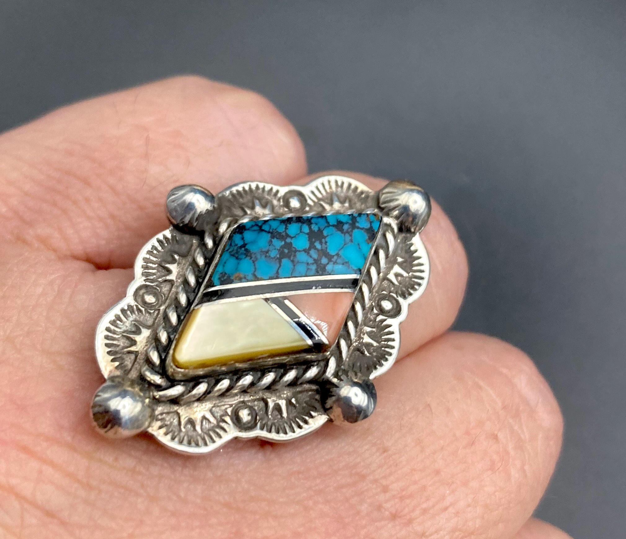 Vintage Navajo Multi-stone Inlay Sterling Silver Statement Ring