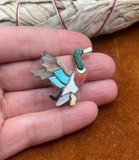 Incredibly Detailed Zuni Lady Duck Natural Turquoise Coral Native American Jewelry Silver Pin Incredibly Detailed Zuni Lady Duck Natural Turquoise Coral Native American Jewelry Silver Pin