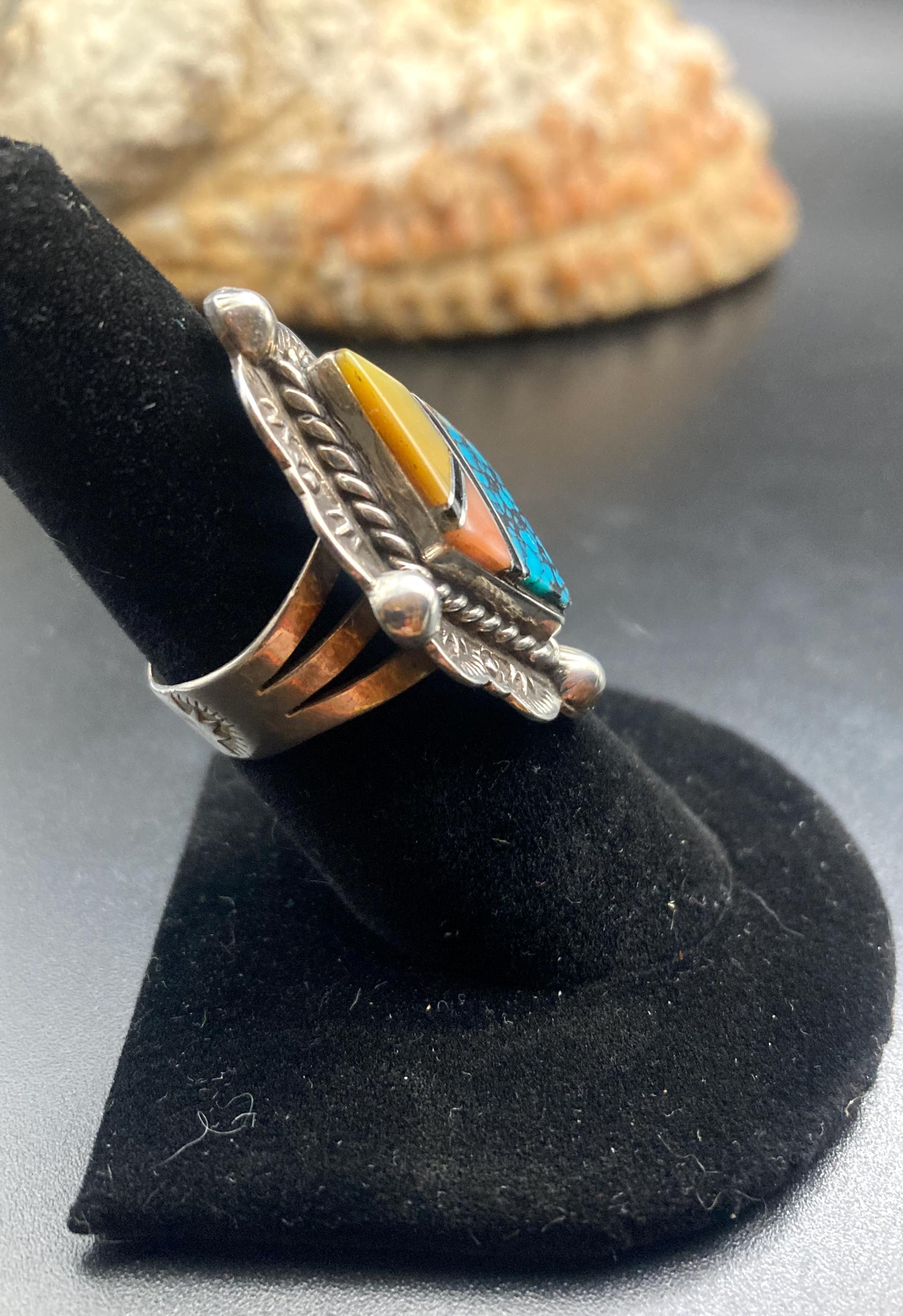 Vintage Navajo Multi-stone Inlay Sterling Silver Statement Ring