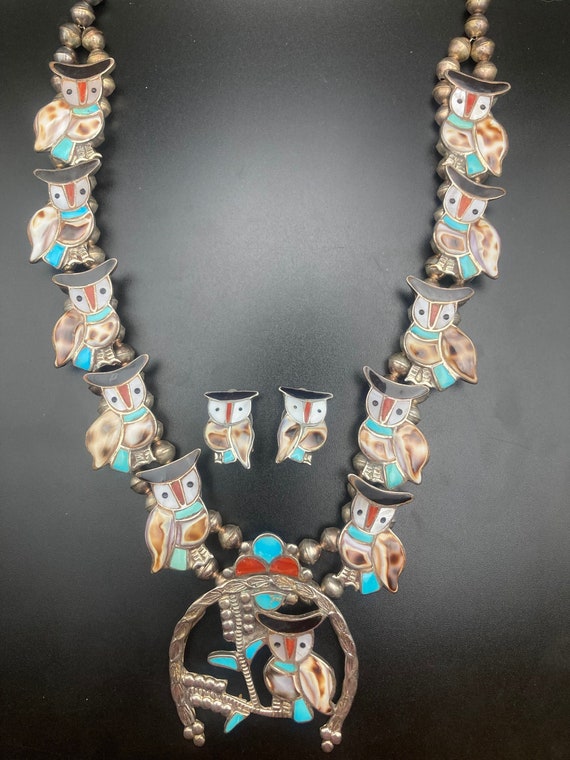 Best Vintage Native American Zuni Inlay Owl Turquoise Sterling Silver Squash Blossom Necklace Best Vintage Native American Zuni Inlay Owl Turquoise Sterling Silver Squash Blossom Necklace